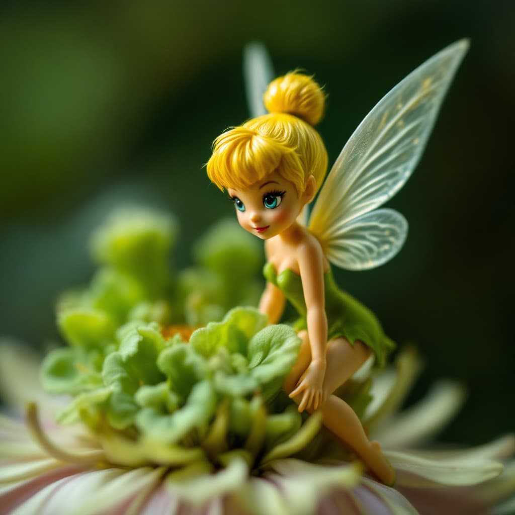 AI generated: macro photography of a miniature little tinker-bell on top of a flower