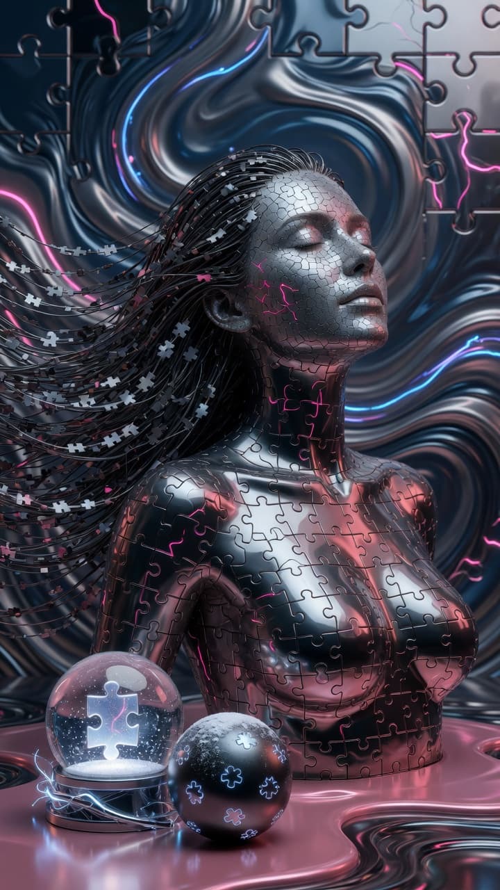 AI generated: "Hyper-realistic surreal sculpture of a serene woman formed entirely from millions of interconnected...