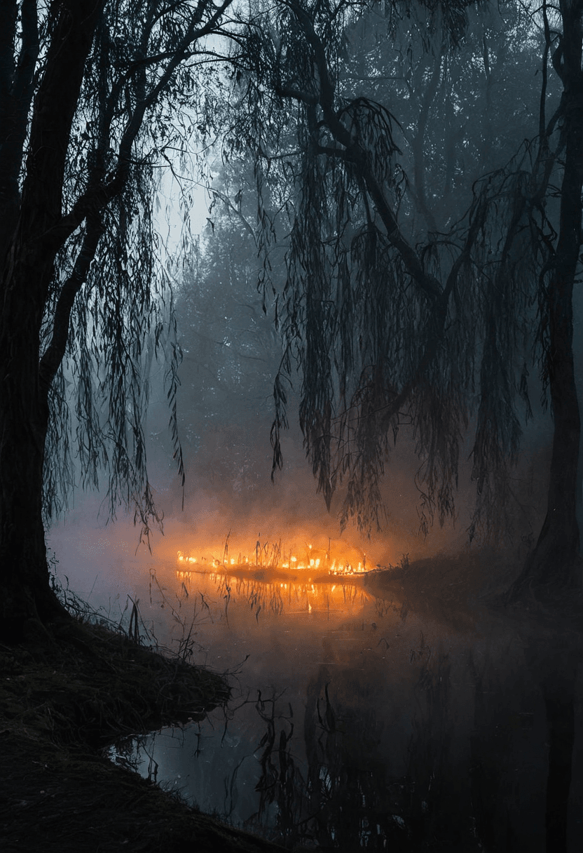 AI generated: A dense, shadowy forest at the edge of a mist-shrouded willow grove, where the light from an unseen ...