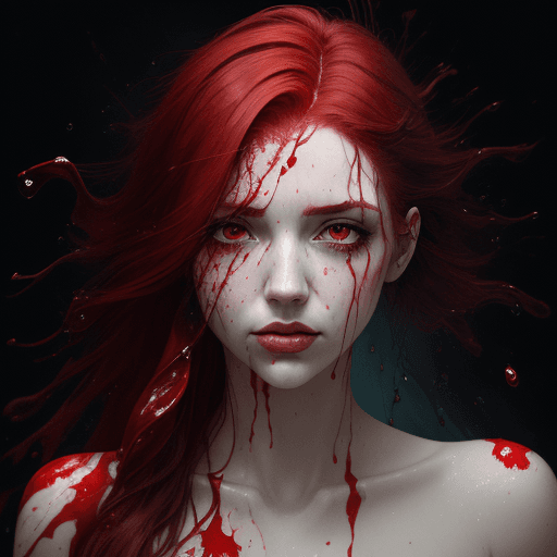 AI generated: A half body portrait of a woman made of blood, half body is submerged in blood, red hair depicting a...