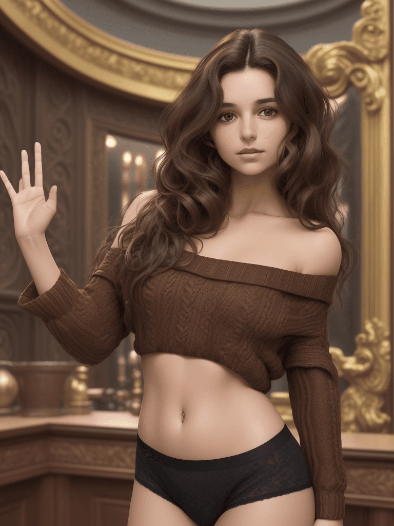 AI generated: A woman with wavy brown hair in a tousled style, wearing a loose, off-the-shoulder brown knit sweate...