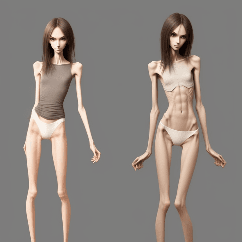 AI generated: extreme beautiful skinny slender (almost anorexic)  girl with skinny slender thighs narrow, 