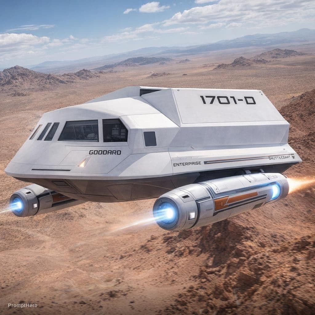 AI generated: a futuristic shuttle craft with propulsion pods flying over a desert landscape