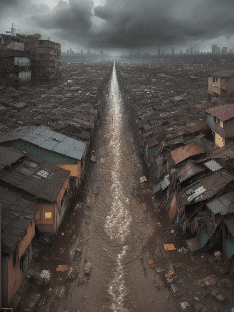 AI generated: A heavy storm and flooding of a slum area,iconic album covers,
rain,typhon,
litter,intricate detail,...