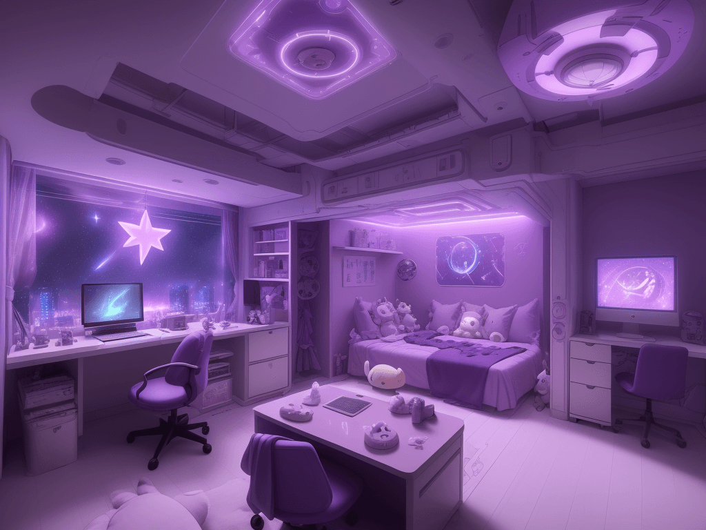 AI generated:  aesthetic spaceship bedroom, anime style, night, coffee machine on desk, cute plush animals, purple...
