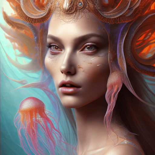 AI generated: Goddess close-up portrait ribcagel. jellyfish phoenix head, nautilus, orchid, skull, betta fish, bio...