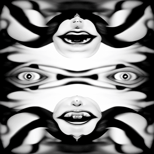 AI generated: black and white. distorted, many faces staring at you, they upside down and under some angle, number...