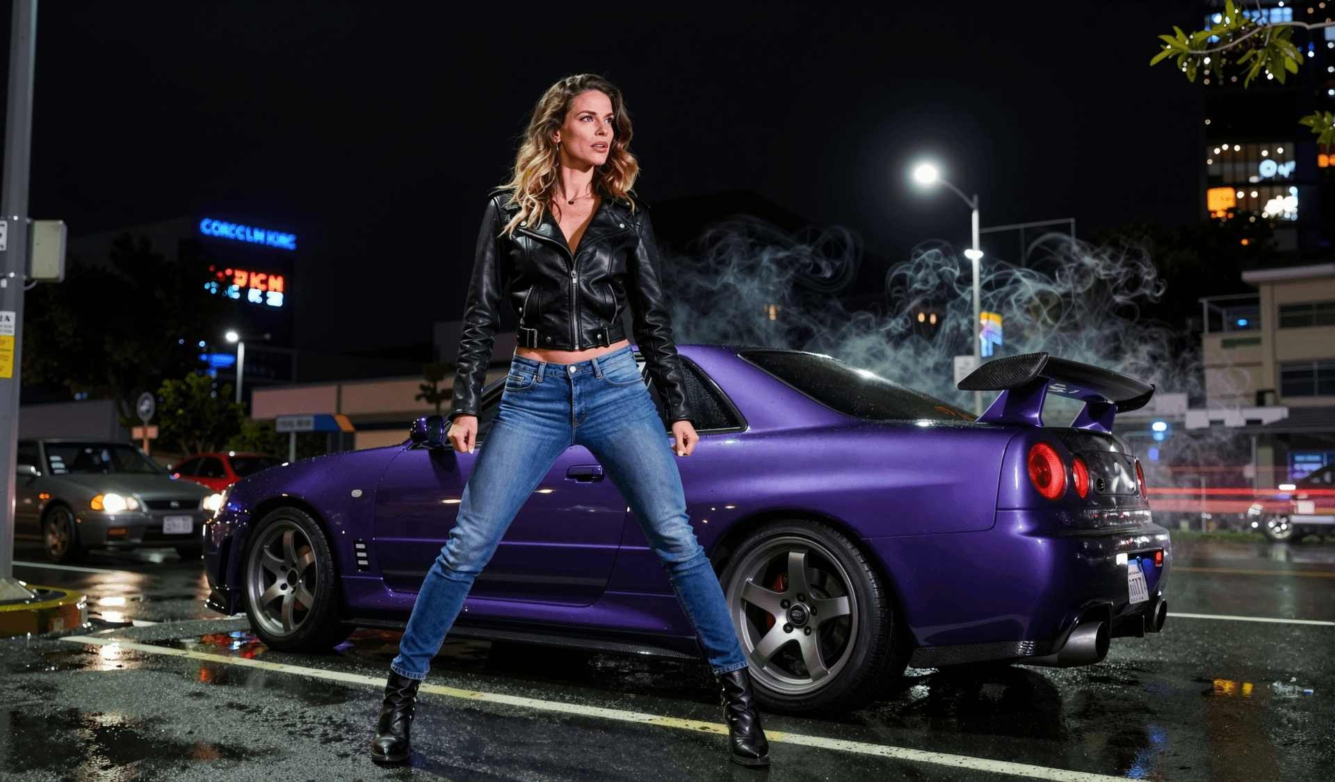 AI generated: An automotive editorial featuring a woman in tight denim jeans and a cropped leather jacket, standin...