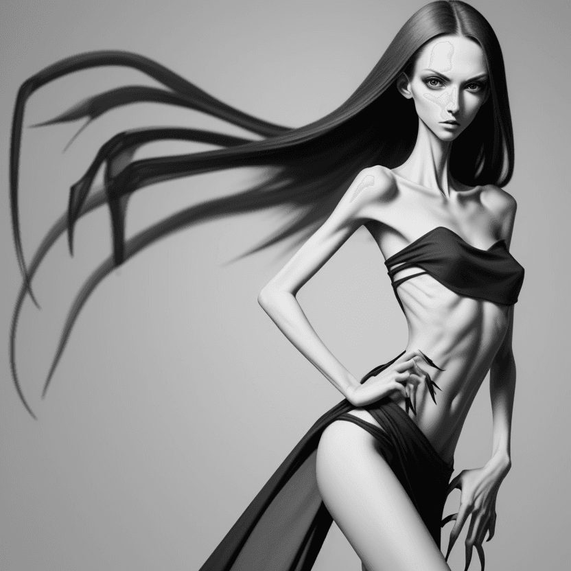AI generated: photo of face an extremely skinny, flat-chested model with very elongated long nails, like claws pla...