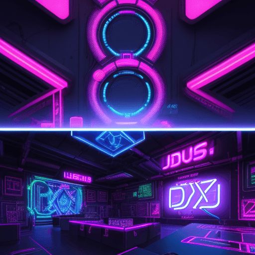 AI generated: "neon images of a neon lit sign with the text 'DJPODS' and a neon dj, absolutely massive symbol with...