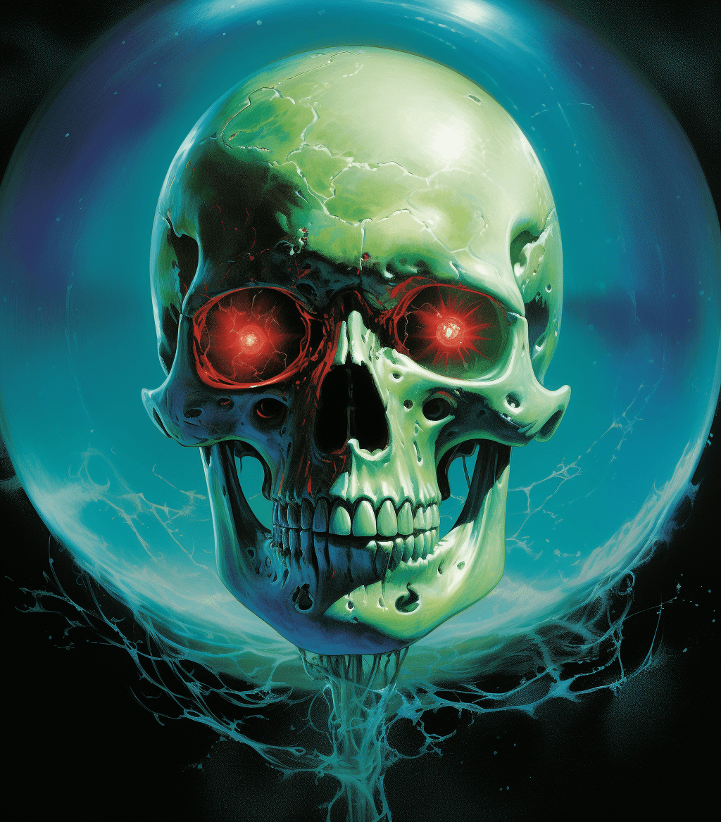 AI generated: 80s fantasy, floating sphere metal skull with red eyes and fangs surrounded by green gas in the ocea...