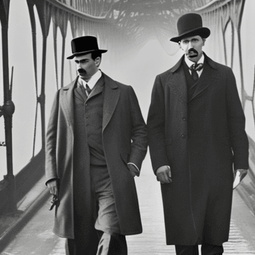 AI generated: Sherlock Holmes and Oppenheimer walking together in Howrah Bridge