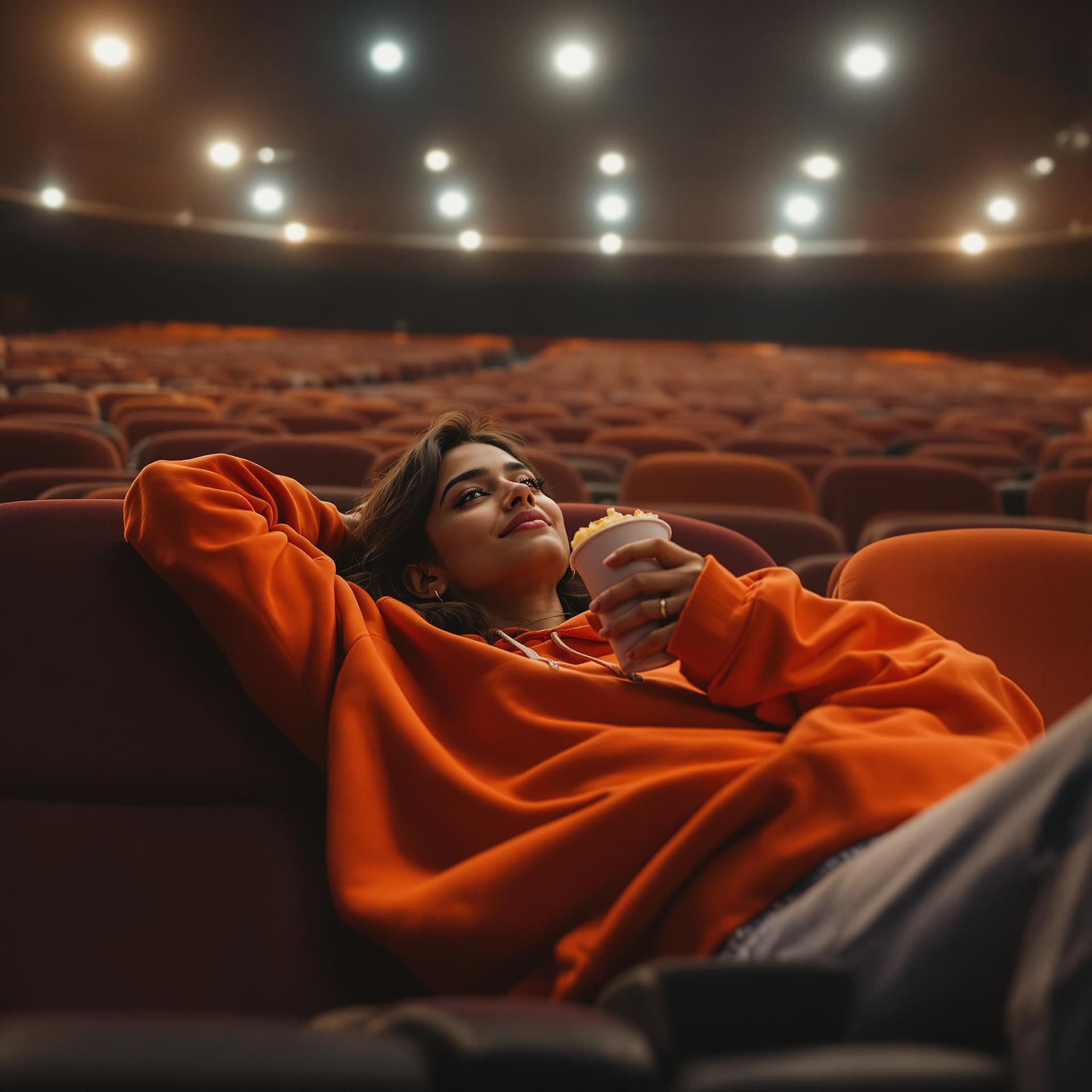 AI generated: photography, vast emptiness of a movie theater serves as the backdrop for a moment of carefree repos...