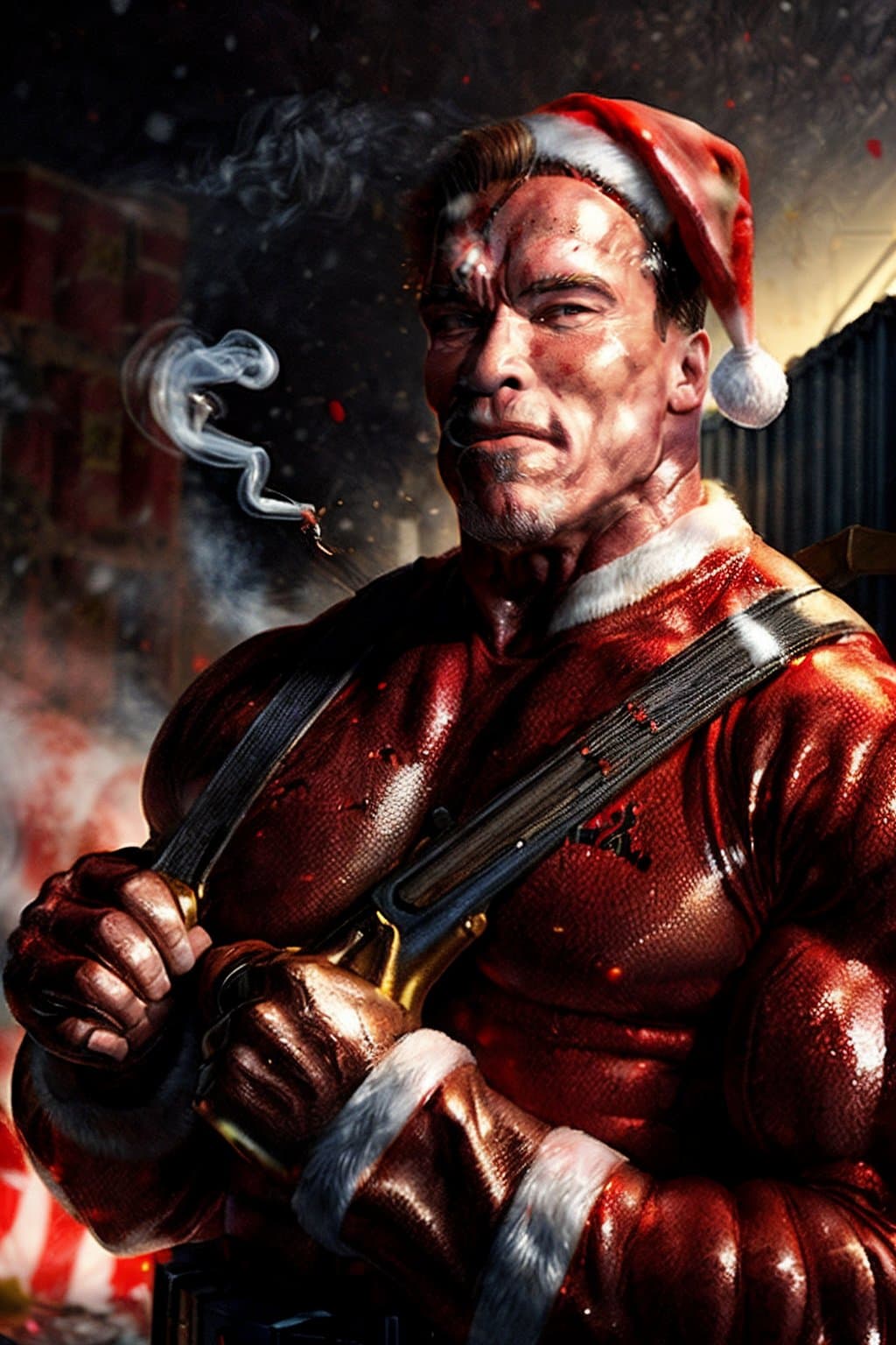 AI generated: action packed, (Arnold Schwarzenegger as Santa:1.3), (a large smoking shotgun in his hands:1.2), (an...