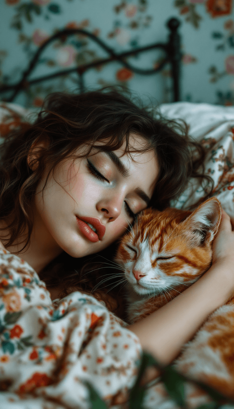 AI generated: a closeup photo of a bohemian woman with rosy skin and a cat, they are cuddled up and sleeping in a ...