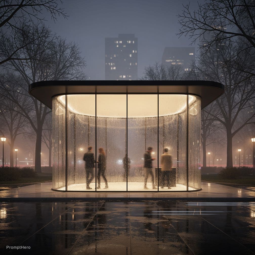 AI generated: modern minimalist architecture, contemporary pavilion design, symmetrical curved structure, panorami...
