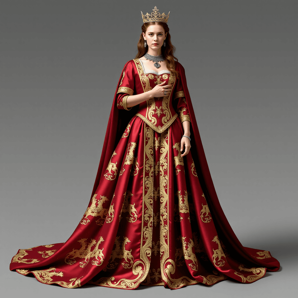 AI generated: Regal medieval queen wearing a gown with a long train, the fabric an exquisite silk brocade with a r...