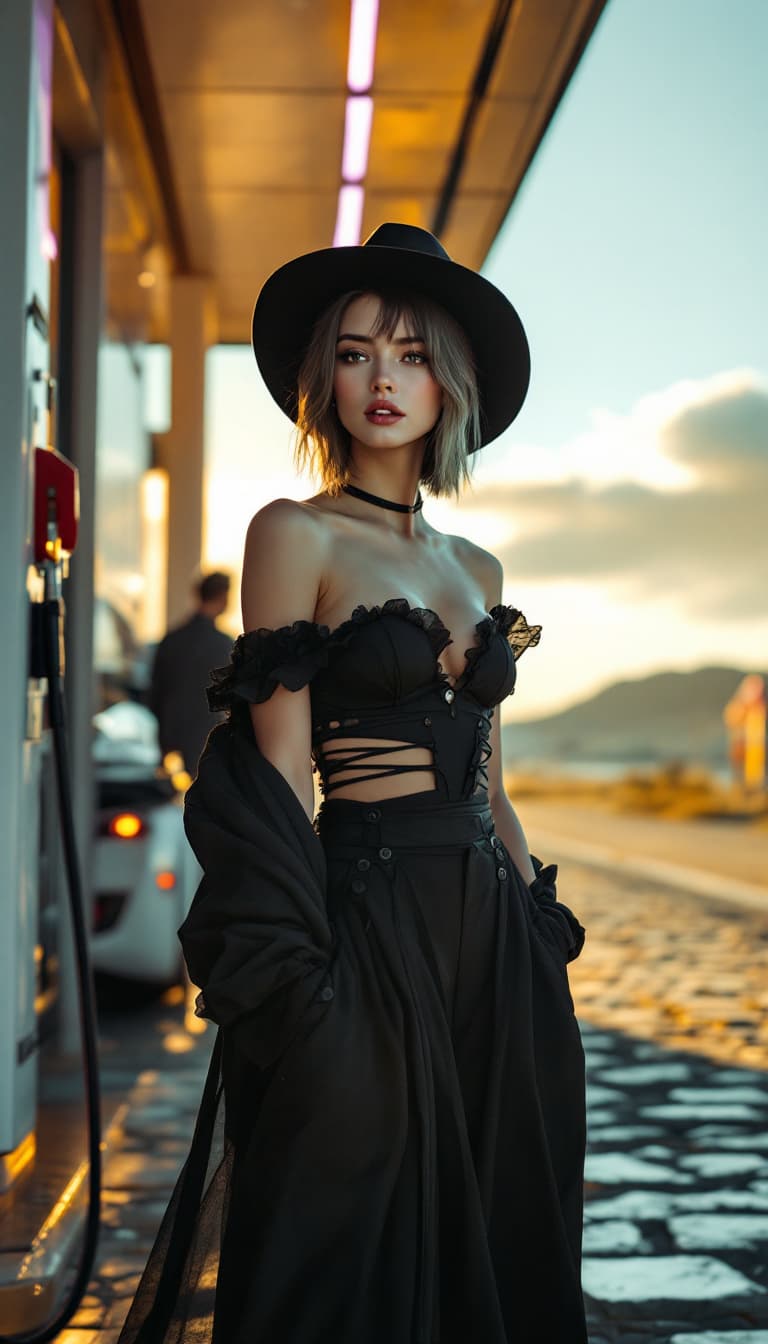 AI generated: Full body front view  of a stylish beautiful girl out of a future gasstation store, near a  air cush...
