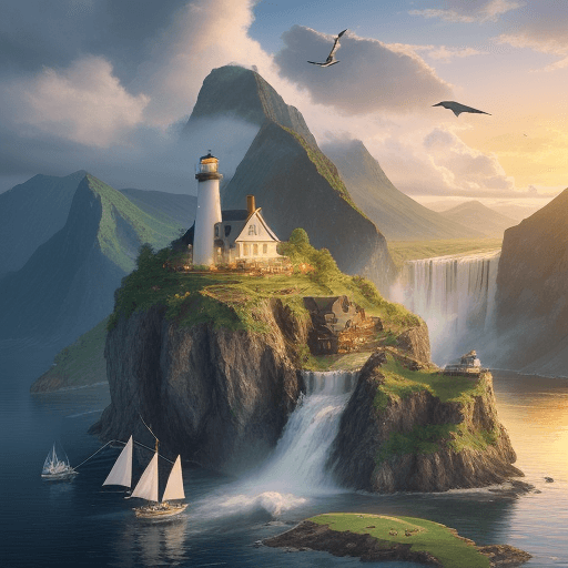 AI generated: Imaginative island, morning view, mountains, clouds, birds flying, light house, waterfall, boat sail...