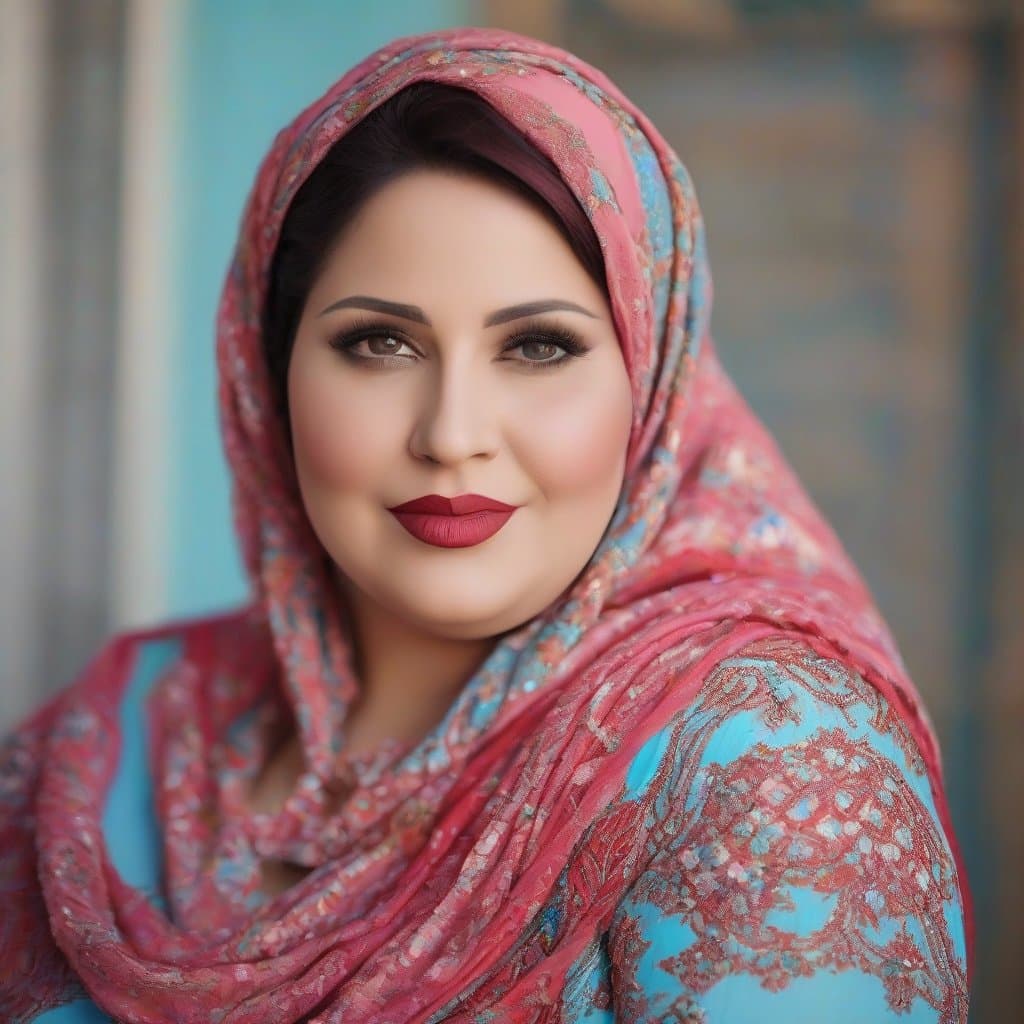 AI generated: arabian, curvy voluptuous Moroccan woman, 40 years old, muslim woman wearing light blue Muslim fashi...