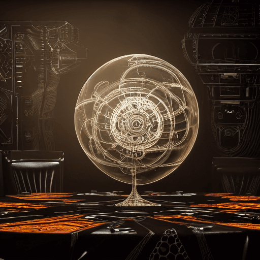 AI generated: complex portrait of a cyberpunk sphere over a table, black plastic, symmetrical, fractal, ornate, h ...