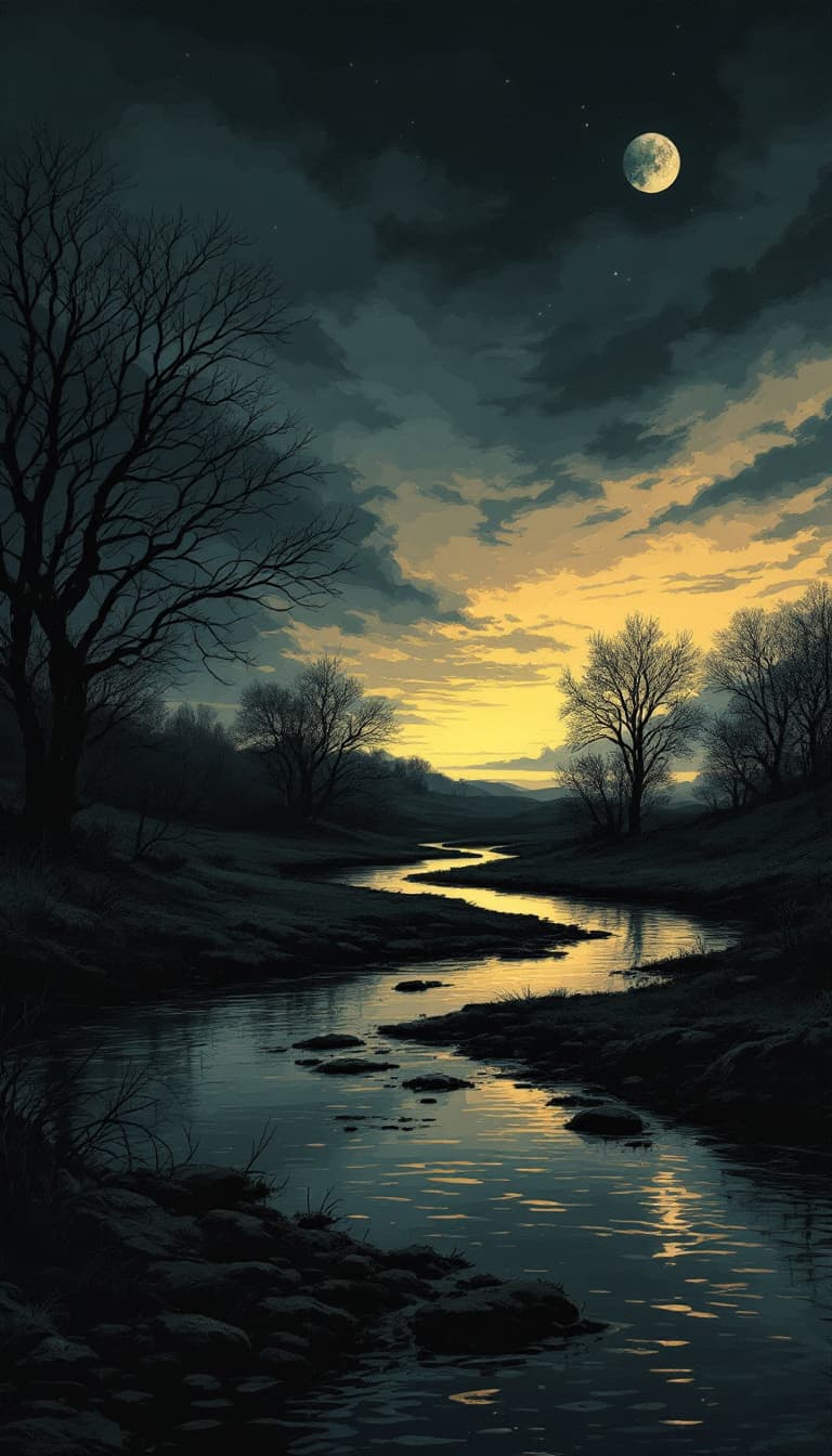 AI generated: An image in a Victorian Penny Dreadful comic style of a reflective, meandering river at dusk, flowin...