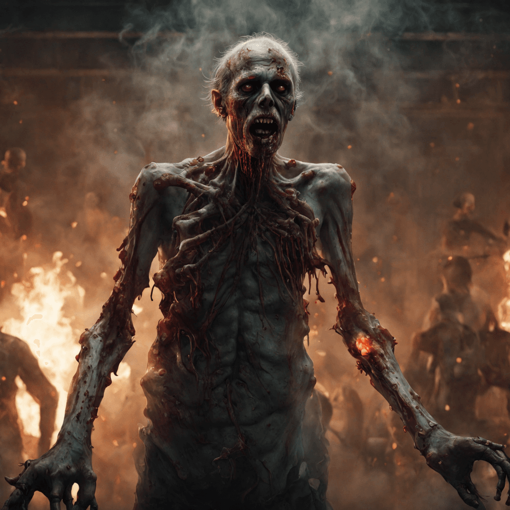AI generated: Portrait of Zombie with flesh dripping from bone, Dark palette, different full body image,a family s...