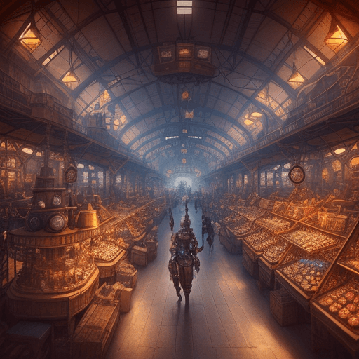 AI generated: "steampunk market interior, colorful, 3 d scene, greg rutkowski, zabrocki, karlkka, jayison devadas,...