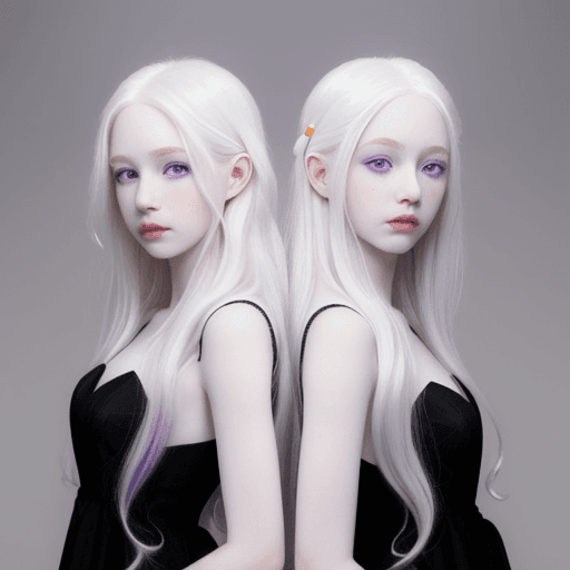 AI generated: Albino twins, white wavy hair, pale skin, purple eyes, gray eyebrows and soft smiles. Black dresses....