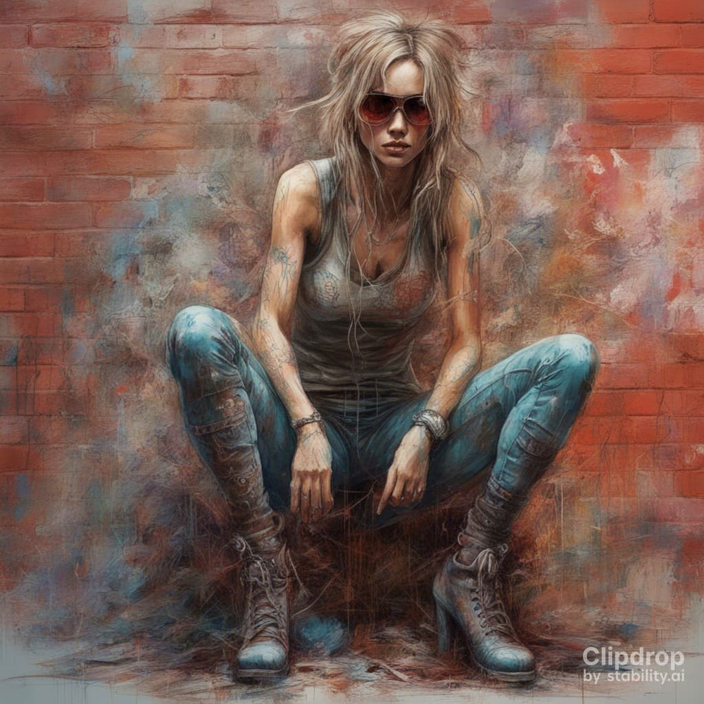 AI generated: panting of a cool woman, sunglasses, punk, graffity style --ar 16:9