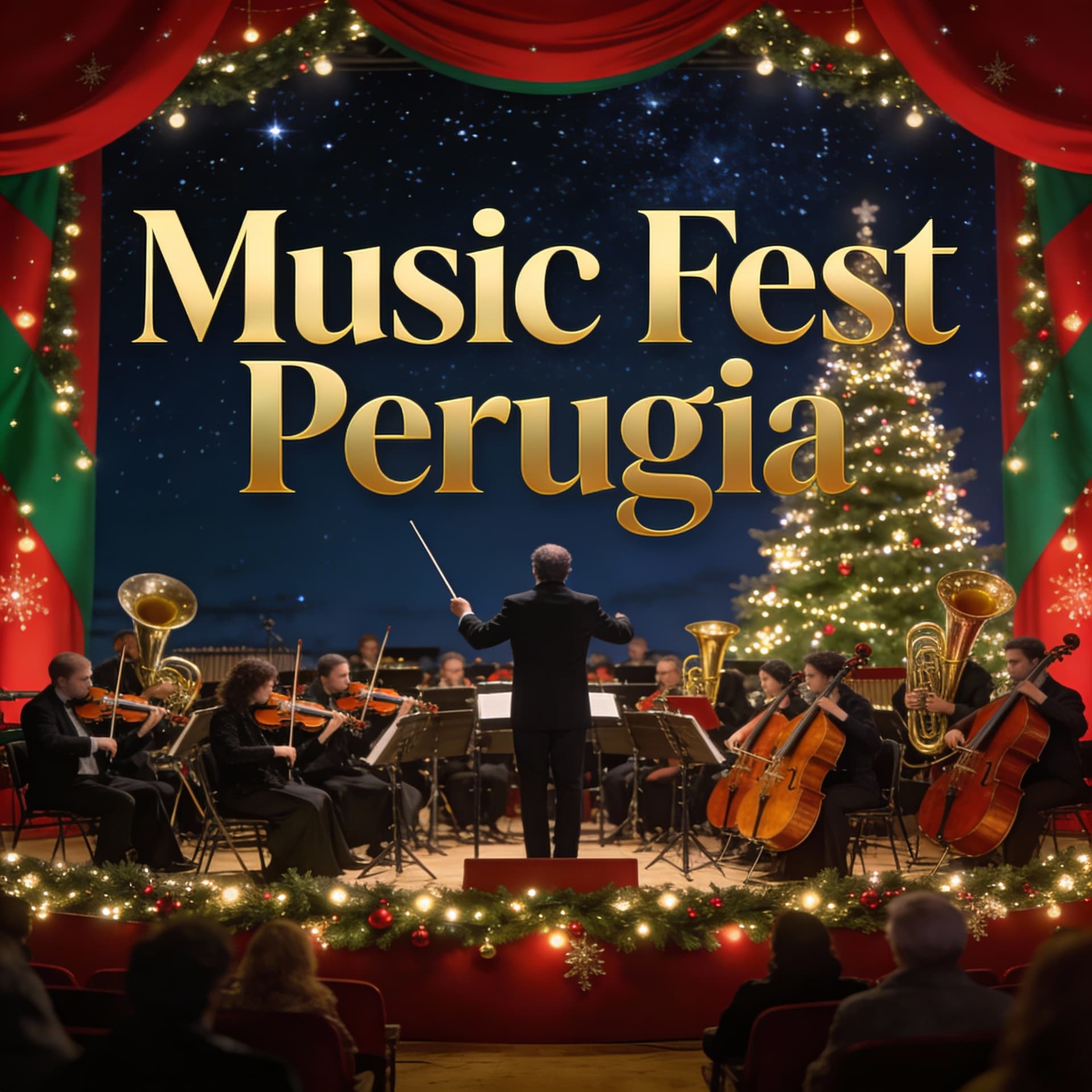 AI generated: HACER UN CRISMA DE NAVIDAD en una sinfónica con una orquesta. y poner en el cartel del centro "Music...