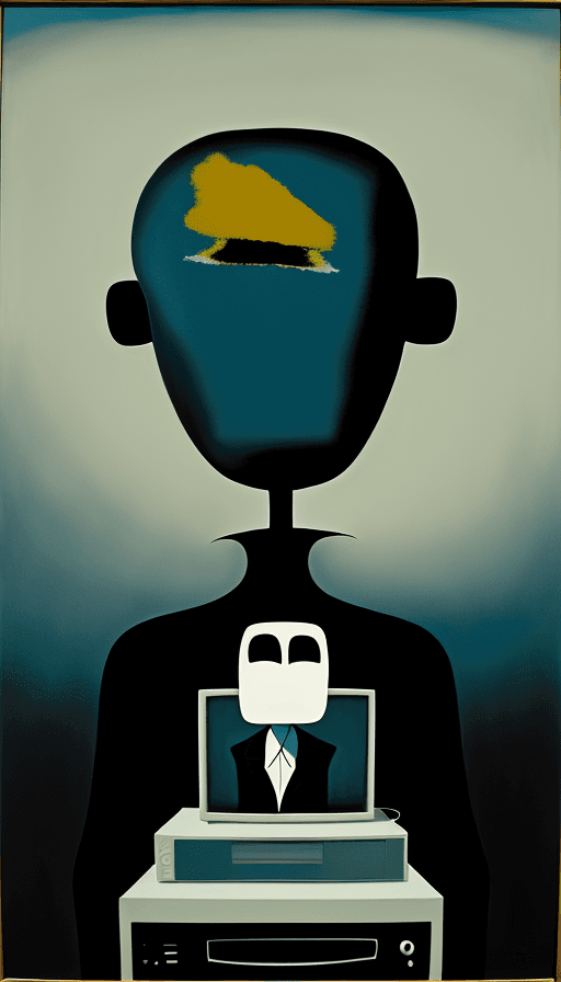 AI generated: a  painting in the style of Yves Tanguy of a man who has a television for a head.