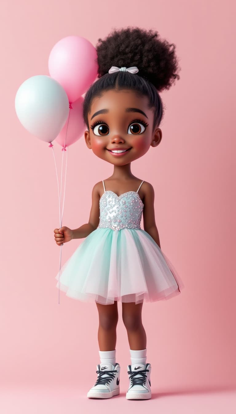 AI generated: A Pixar Style young girl of African descent, likely aged 3-5, is depicted.  She is positioned slight...