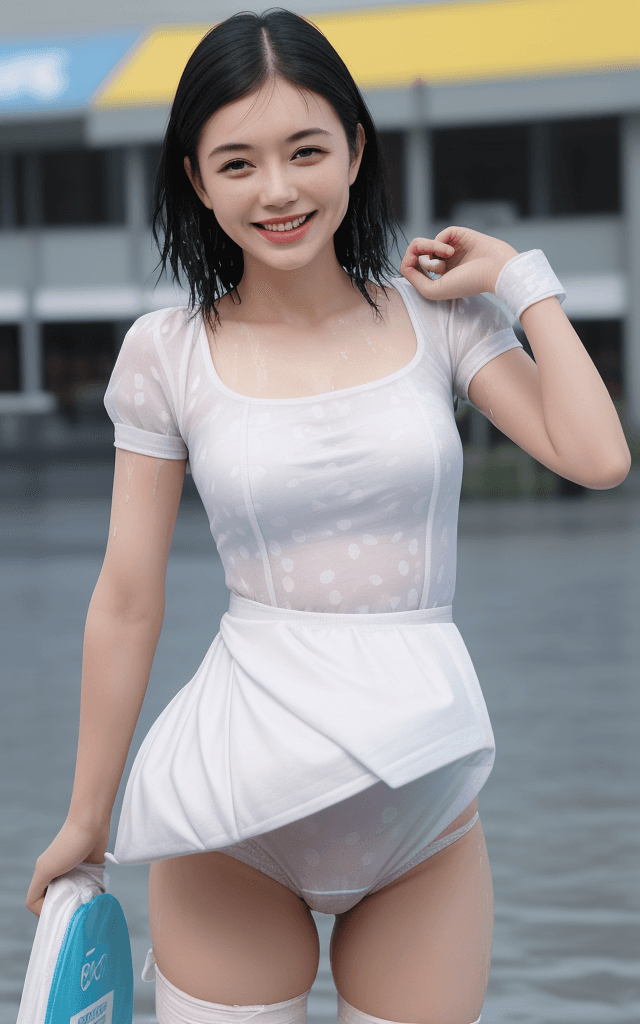 AI generated: high quality, diaper, wet diaper, tena pattern, woman, smiling, armband, in public
