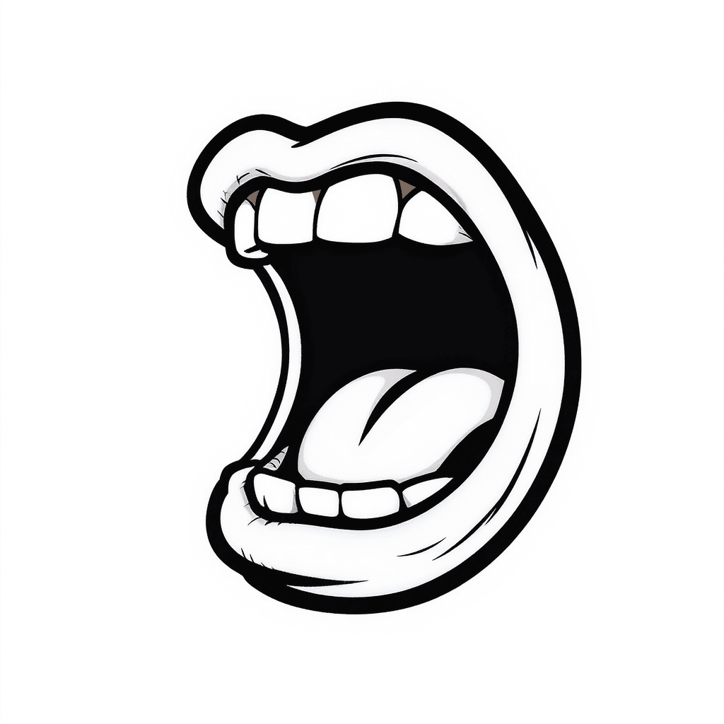 AI generated: A bold, simplified cartoon mouth viewed from the side, wide open as if about to eat something. The m...