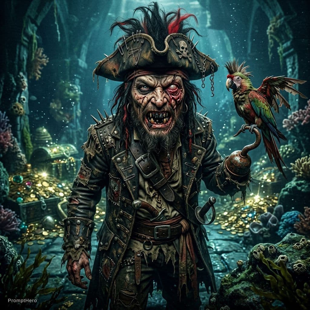 AI generated: how a punk-styled buccaneer with a face so exaggerated it seems impossible—huge rotten teeth, prolap...