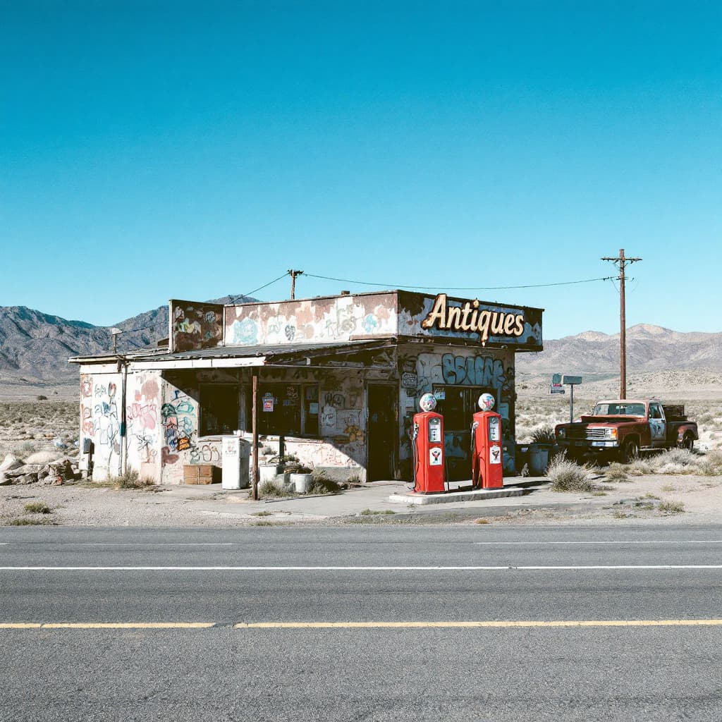 AI generated: The image shows an old, dilapidated gas station on the side of a road. The gas station is covered in...
