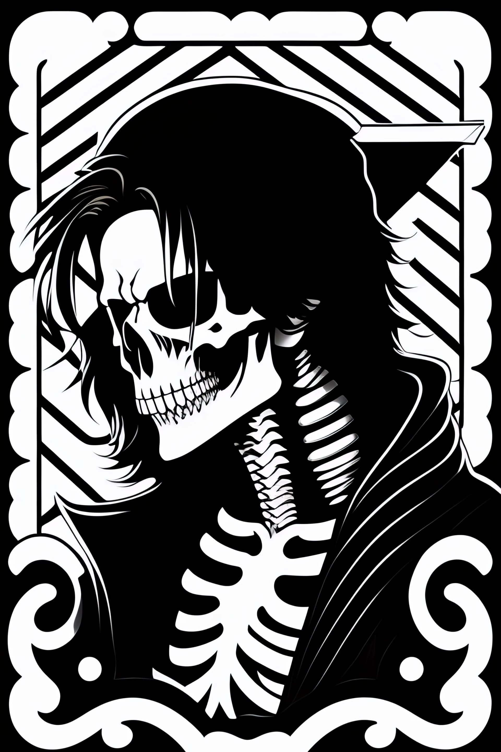 AI generated: Pirata esqueleto , detalhes altos , anime dos anos 90 , preto e branco , vetor b&w , cor de fundo pr...