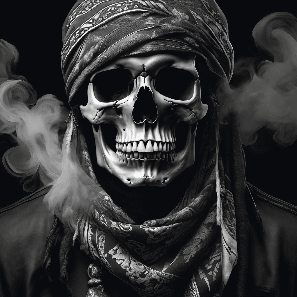 AI generated: stunning digital painting of a human skull, (bandana on head:1.1), black and grey, hyper realistic, ...