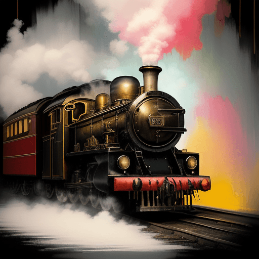 AI generated: A vintage steam train, street pop, luminous palette, colour splash, dreamlike, oil on canvas, steamp...