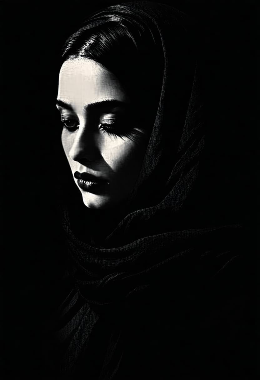 AI generated: "close-up mezzotint portrait of a mysterious woman in shadow, luxurious velvety blacks, delicate ton...