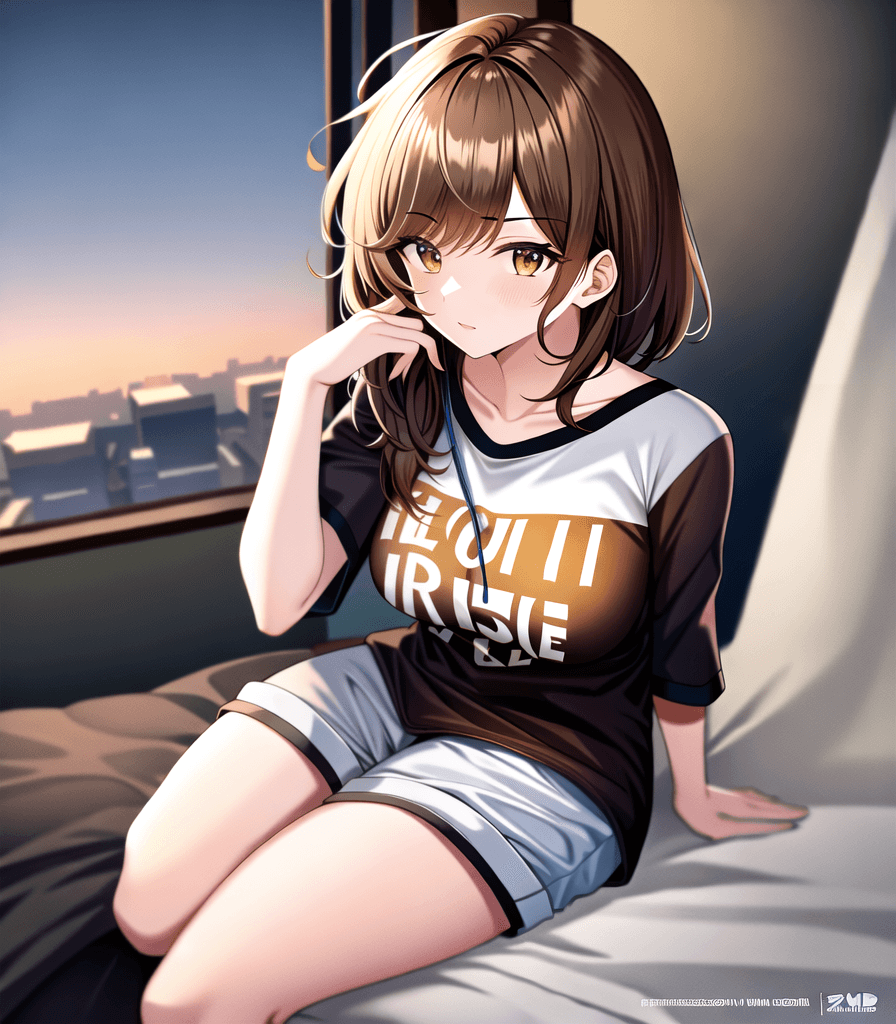 AI generated: perfect anime illustration, 1girl, messy hair, medium hair, brown hair, medium breasts, t-shirt, in ...