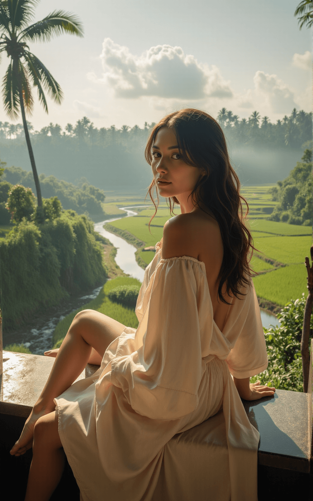 AI generated: A serene, cinematic scene captures a woman seated at the edge of a luxury spa overlooking Bali’s cas...