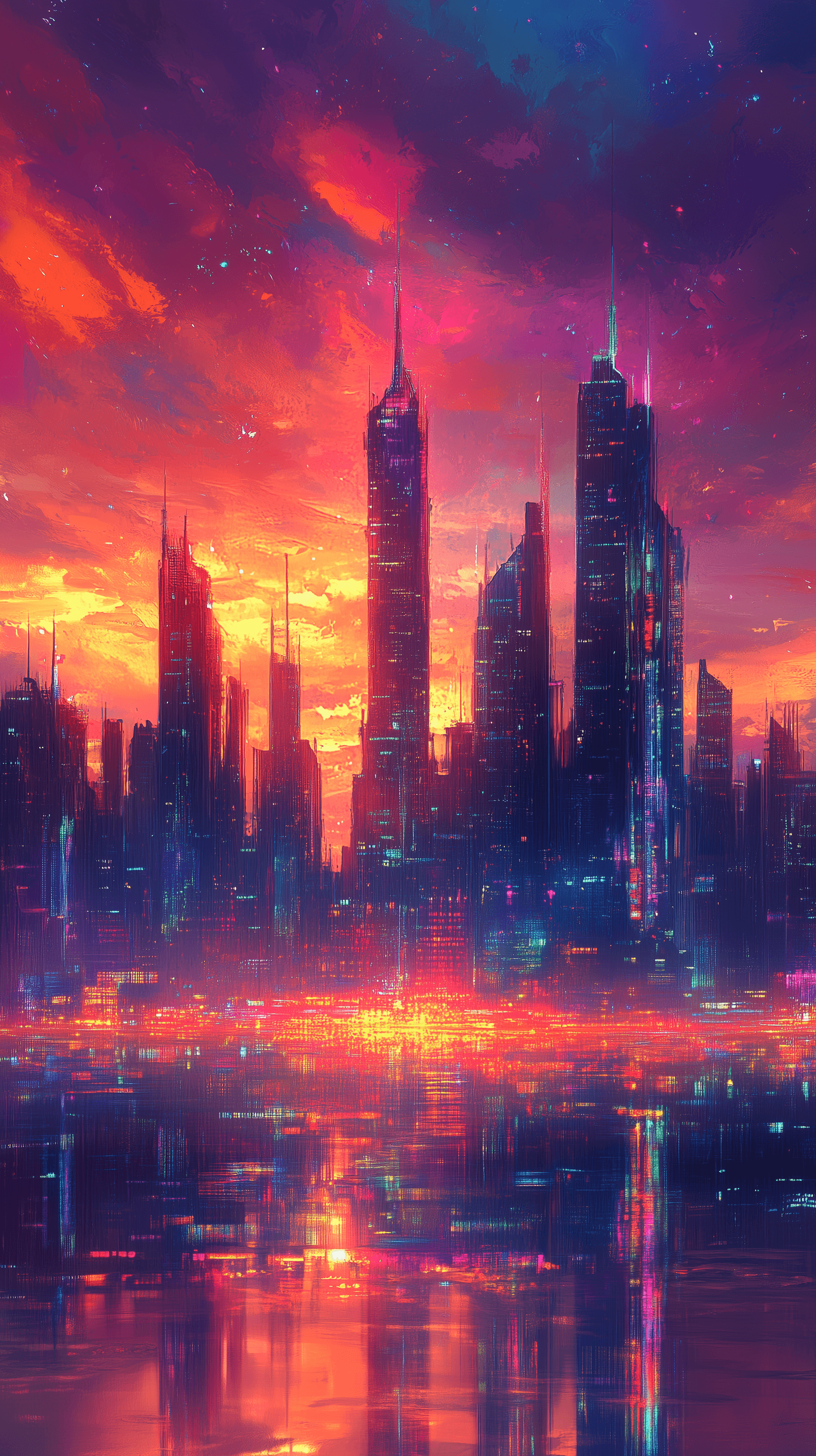 AI generated: paint brush expression, skyline of futuristic city, towering geometric shapes under a colorful schem...