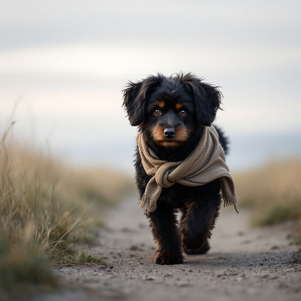 AI generated: A black with natural hair walking a dog with decent cloth on.