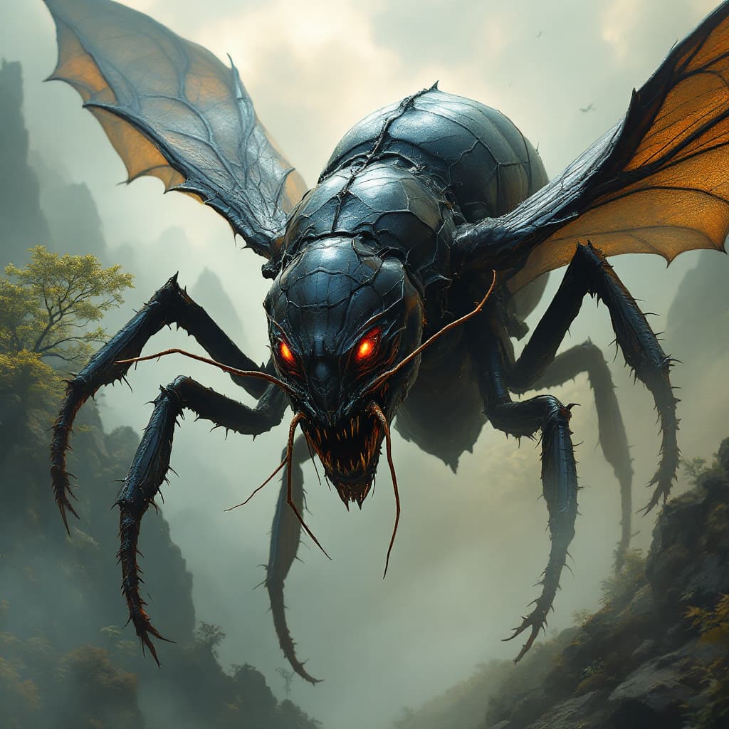 AI generated: A giant ant with a fierce and imposing presence, its body covered in dark, armored exoskeleton with ...