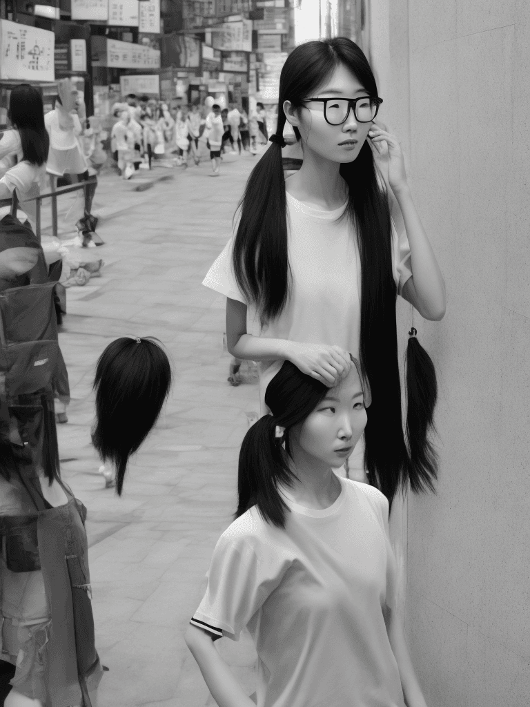 AI generated: photography, side view, upper-body, portray an innocent professional korean woman model standing aga...
