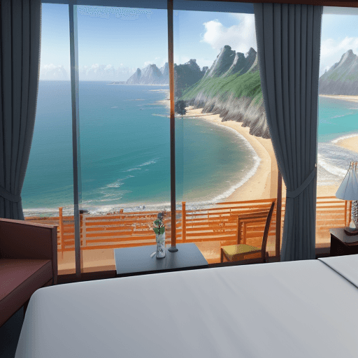 AI generated: The view from the hotel window is of a beautiful coastline in an Asian country, 3D rendering, trendi...