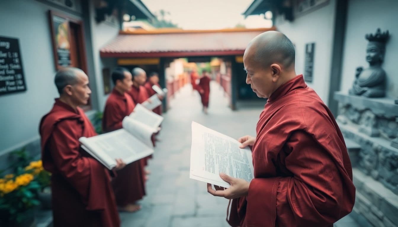 AI generated: A time-lapse showing scrolls being exchanged, a monk carrying Buddhist texts.