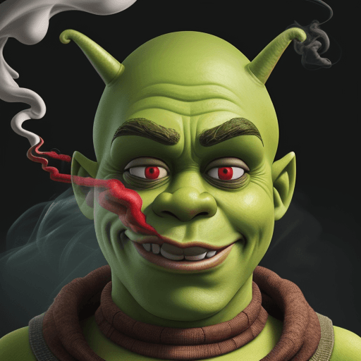AI generated: A Shrek with a crazy face, red eyes, rubbing plasticine on his face, extreme, smoke, humour.